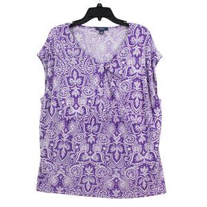 Chaps Womens 3X Purple & White Paisley V-Neck Short Sleeve Polyester Blend Top